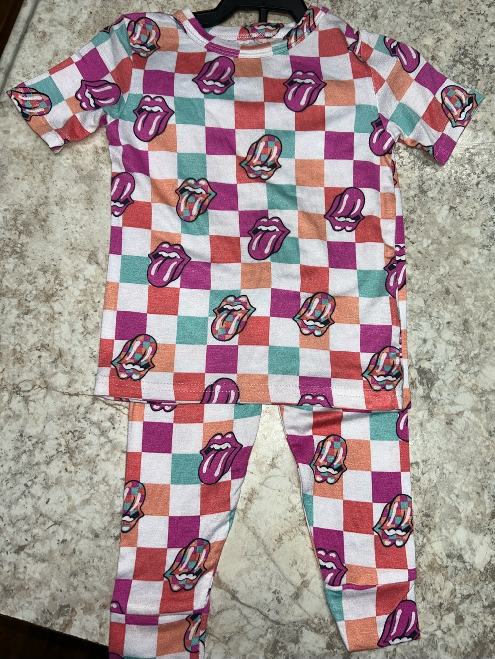 the Rolling Stones Bamboo  Pink, Orange, Teal Checkerboard Lip Print Pajama Top